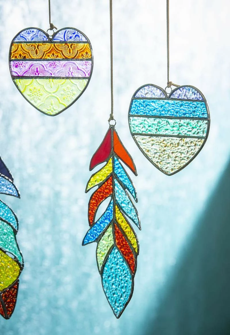 The Birdhouse Chick Wind Chimes Stained Glass Heart And Feather Mobile