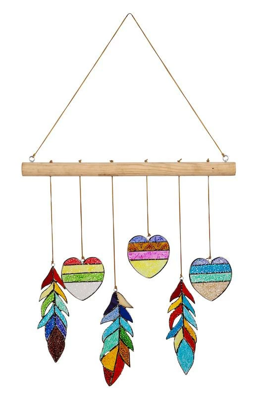The Birdhouse Chick Wind Chimes Stained Glass Heart And Feather Mobile